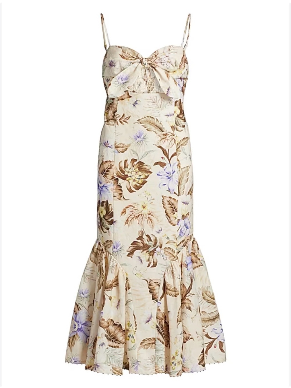 Zimmermann Cream Floral Tie-Front Midi Dress with Brown and Lavender Accents